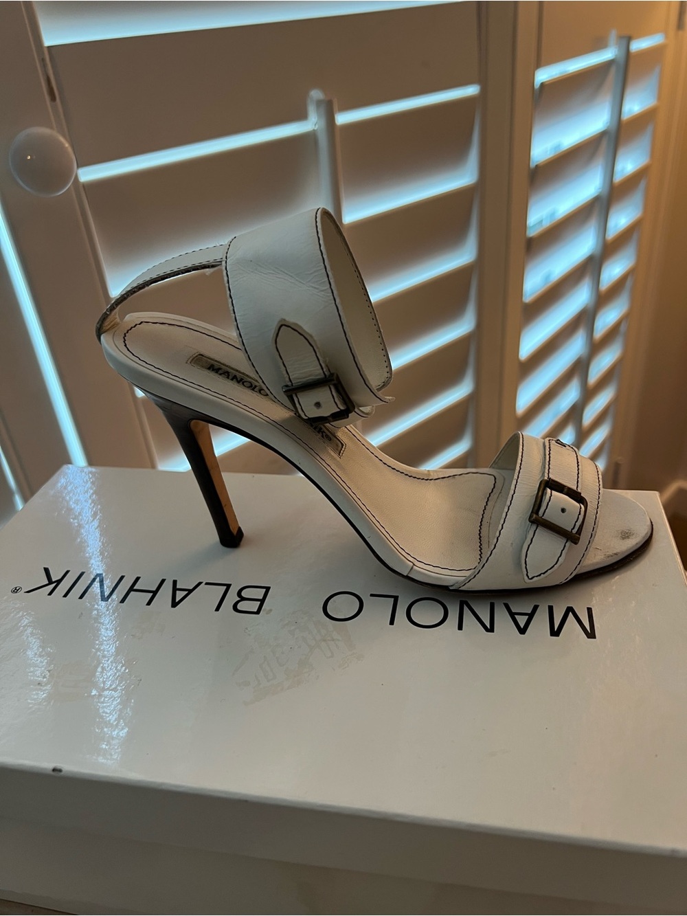 Manolo Blahnik White Leather Buckle Stiletto Sandal